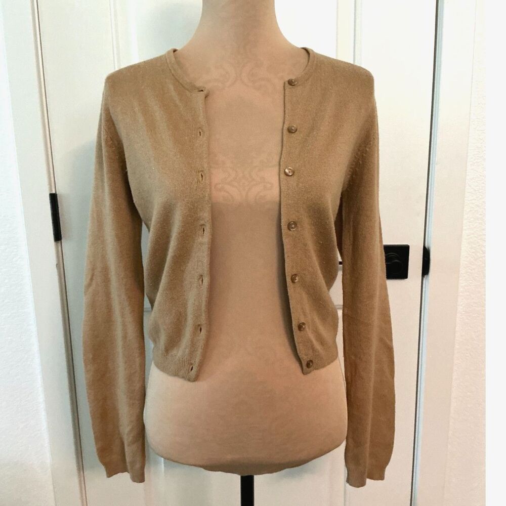 Moda International Women’s M Preppy Camel Silk Cashmere Blend Button Cardigan